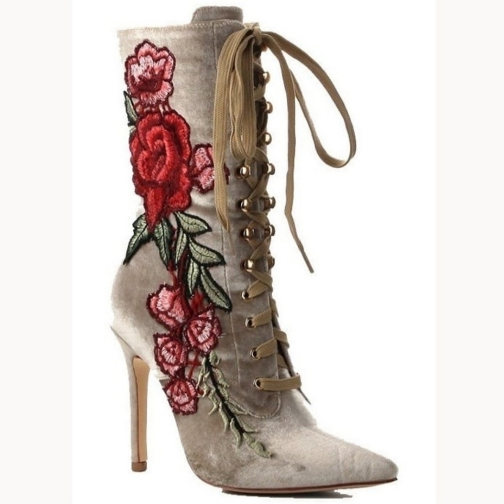 Cape Robbin Womens Embroidered Velvet Lace-up‎ Mid-Calf Stiletto Heel Boot Nude